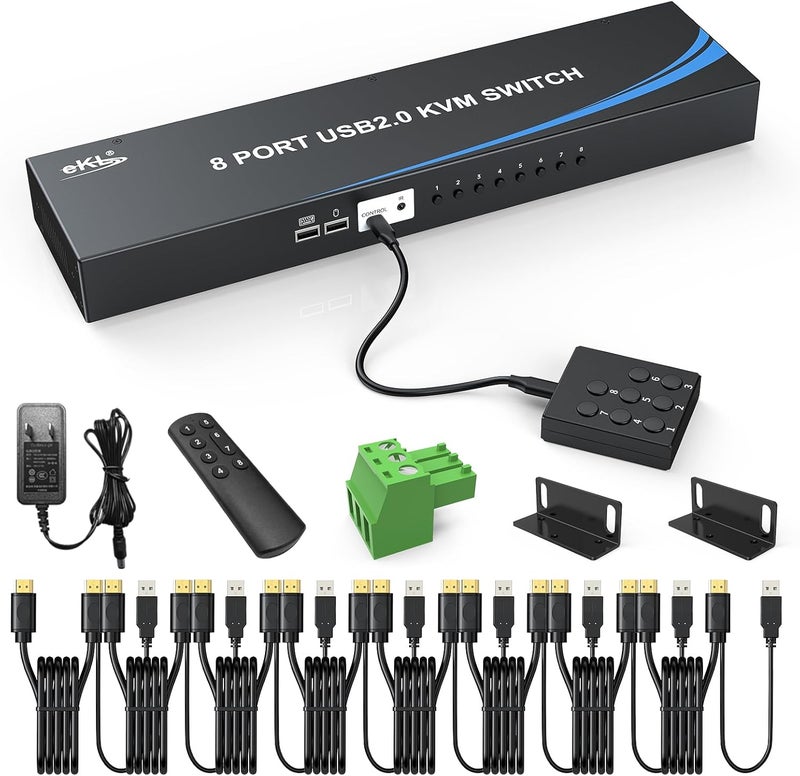 eKL 8 Port HDMI KVM Switch, Supports 4K@30Hz, 1U Rack Mount, 4 USB 2.0 Hubs, RS232, Remote, Wired Desktop Controller with 8 HDMI KVM Cables, Rack Ears - Image 1